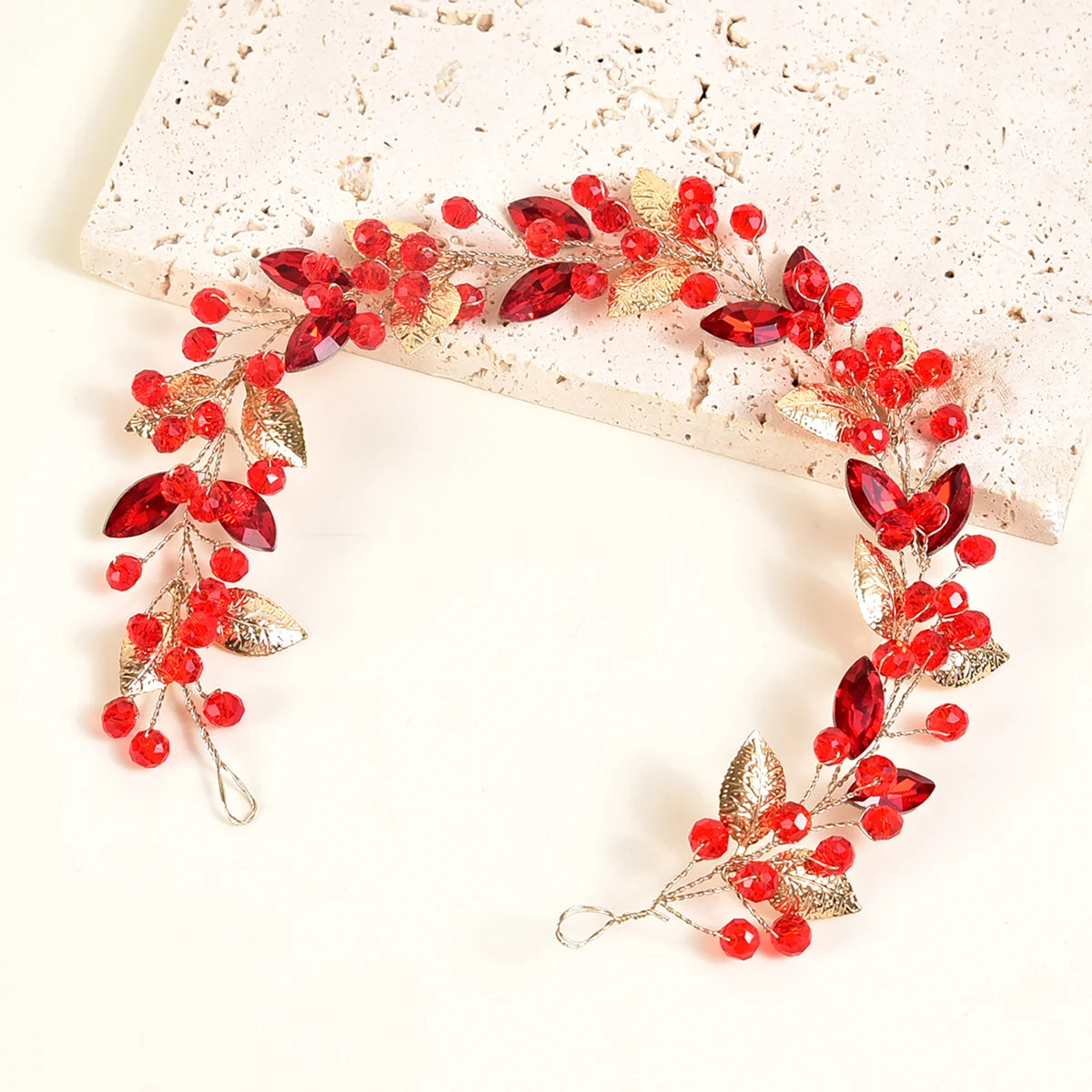 Fashion Crystal Bridal Hairband Red Pearl Rhinestone Leaf  Women Head wear Wedding Headpiece Jewelry Hair Accessories
