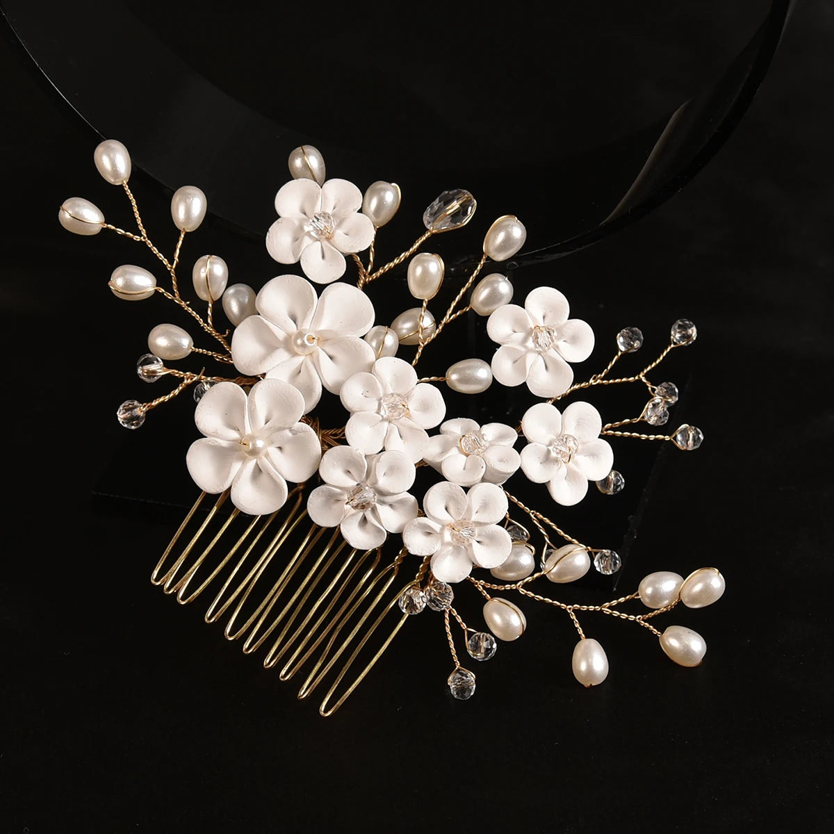 Luxury Girl Hair Comb Golden Hairpin Rhinestone Bridal Hair Accessories Alloy Flower and Leaf Shape Hair Pin For Women