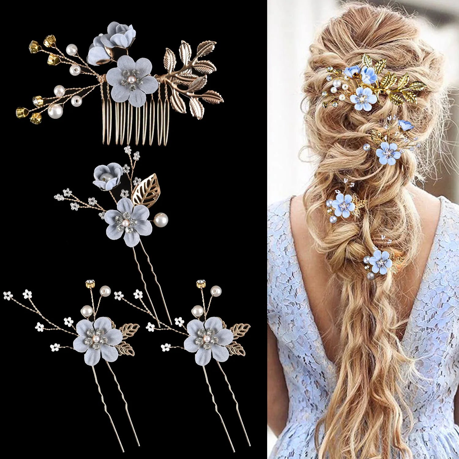 4PCS Pearl Flower Hairpins Side Comb Gold Leaf Shaped Alloy Headdress Bridal Insert Hair Clips Hair Jewelry Headpieces