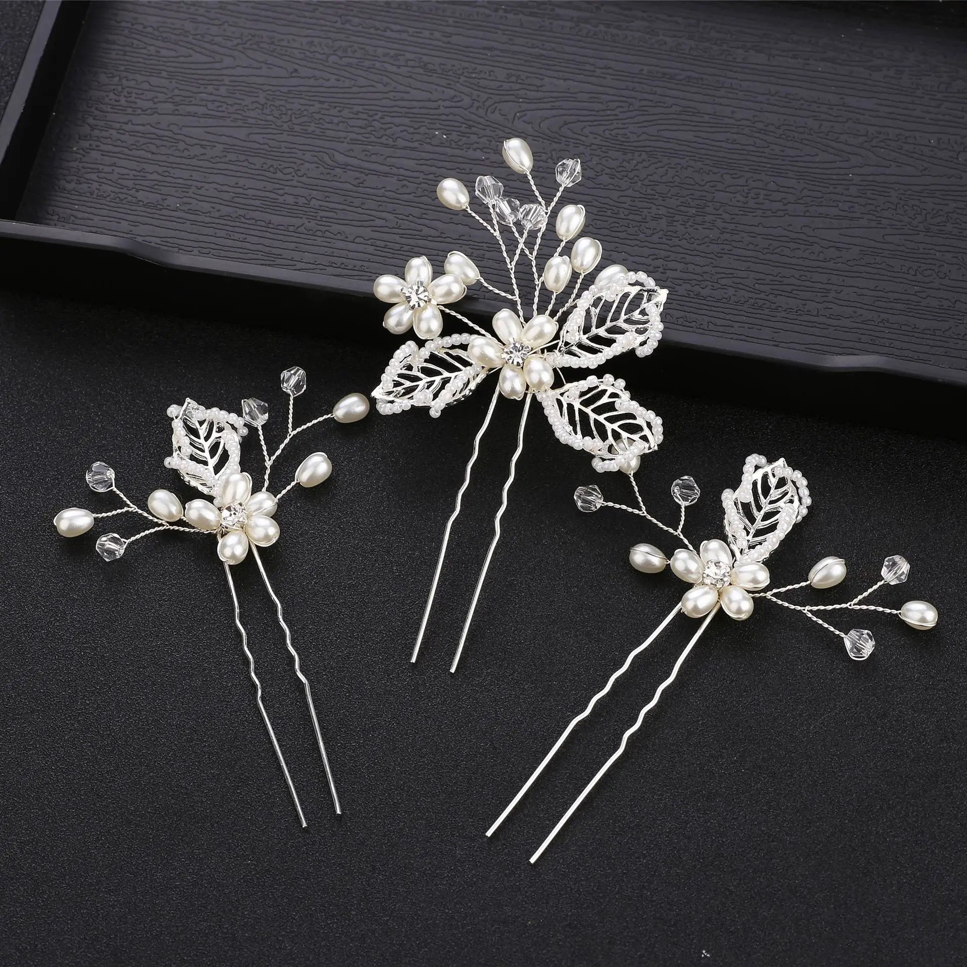 3PCS Gold Color Crystal Pearl Clip Hairpin Rhinestone Leaf Wedding Hair Comb Bridal Wedding Hairpin Accessories Jewelry