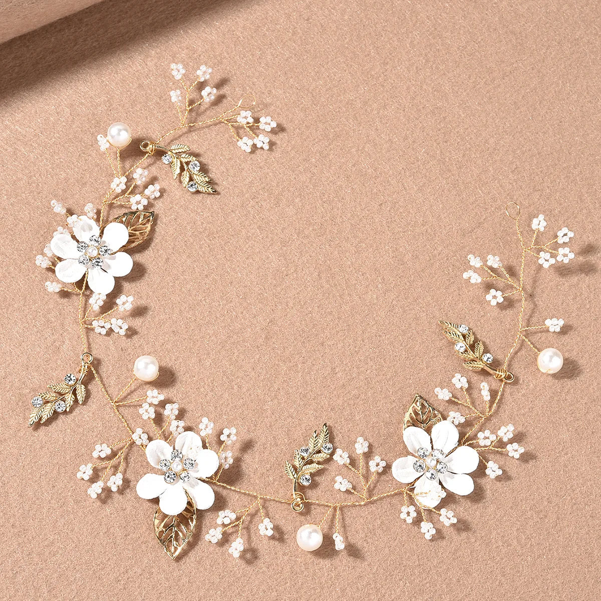 Fashion Crystal Bridal Wedding Headpieces Gold Leaf Headdress Colorful Flowers Pink Blue White Purple Handmade Pearl Hair Bands