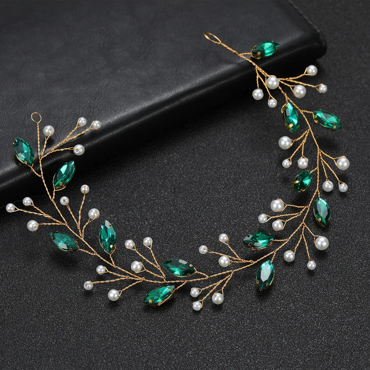 Women Emeralds Rhinestone Crystal Headband Wedding Hair Accessories Luxurious Pearl Bride Headwear Jewelry Vine