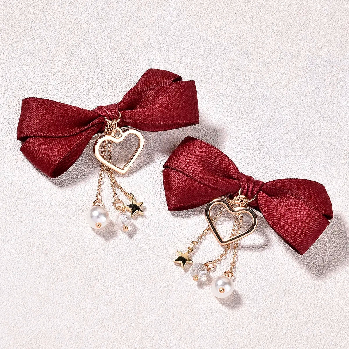 Fashion 2 Pcs Bow Tie Hairpin For Girl With Metal Heart and Golden Pearl Baby and Lady Silk Hair Headpiece For Daily Dressing